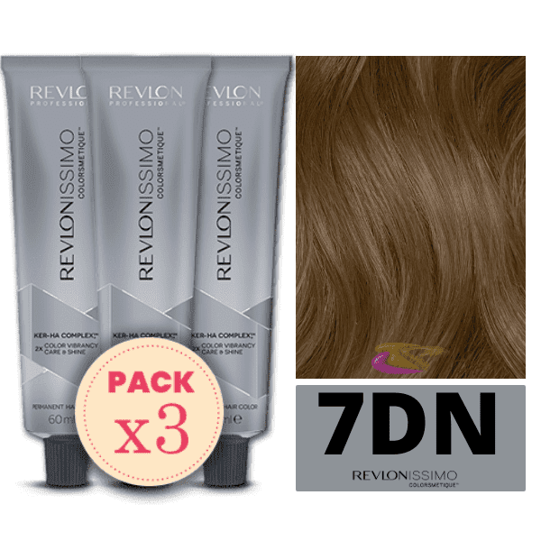 Revlon - Pack 3 Tintes REVLONISSIMO COLORSMETIQUE 7DN Rubio Medio Natural Profundo 60 ml (Ker-Ha Complex)