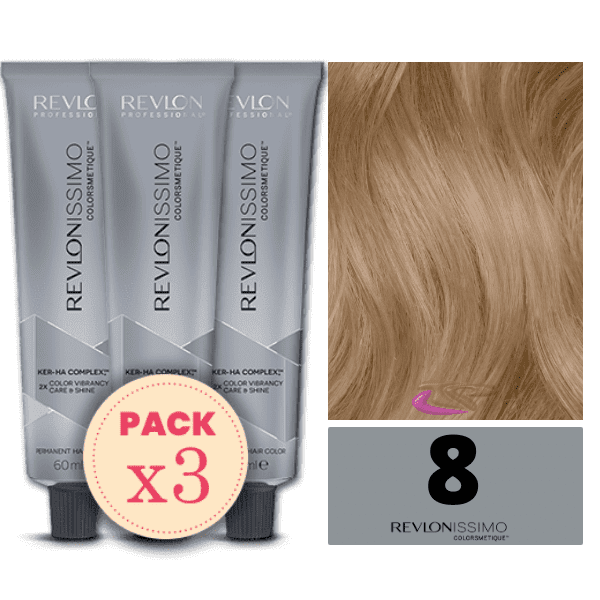 Revlon - Pack 3 Tintes REVLONISSIMO COLORSMETIQUE 8 Rubio Claro 60 ml (Ker-Ha Complex)