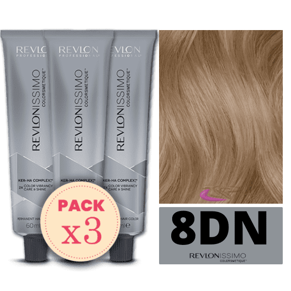 Revlon - Pack 3 Tintes REVLONISSIMO COLORSMETIQUE 8DN Rubio Claro Natural Profundo 60 ml (Ker-Ha Complex)