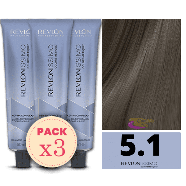 Revlon - Pack 3 Tintes REVLONISSIMO COLORSMETIQUE 5.1 Castaño Claro Ceniza 60 ml (Ker-Ha Complex)