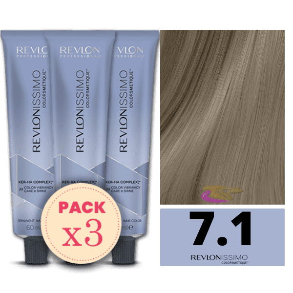 Revlon - Pack 3 Tintes REVLONISSIMO COLORSMETIQUE 7.1 Rubio Medio Ceniza 60 ml (Ker-Ha Complex)