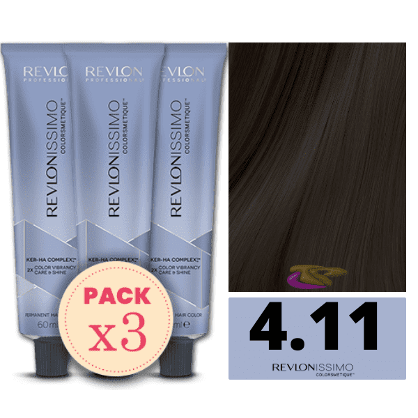 Revlon - Pack 3 Tintes REVLONISSIMO COLORSMETIQUE 4.11 Castaño Medio Ceniza Intenso 60 ml (Ker-Ha Complex)