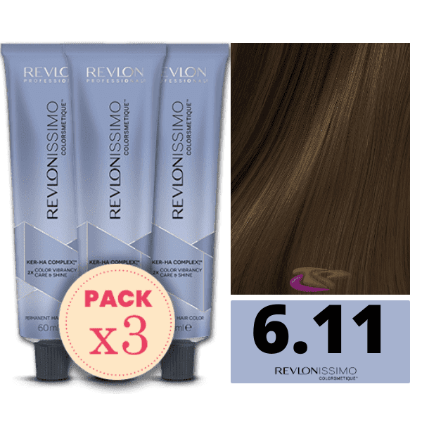 Revlon - Pack 3 Tintes REVLONISSIMO COLORSMETIQUE 6.11 Rubio Oscuro Ceniza Intenso 60 ml (Ker-Ha Complex)