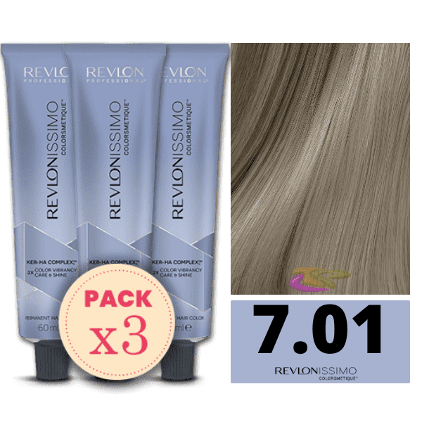 Revlon - Pack 3 Tintes REVLONISSIMO COLORSMETIQUE 7.01 Rubio Medio Natural Ceniza 60 ml (Ker-Ha Complex)