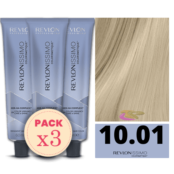 Revlon - Pack 3 Tintes REVLONISSIMO COLORSMETIQUE 10.01 Rubio Clarísimo Natural Ceniza 60 ml (Ker-Ha Complex)