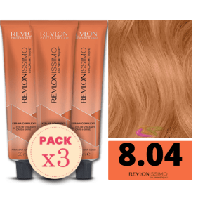 Revlon - Pack 3 Tintes REVLONISSIMO COLORSMETIQUE 8.04 Rubio Claro Natural Cobrizo 60 ml (Ker-Ha Complex)