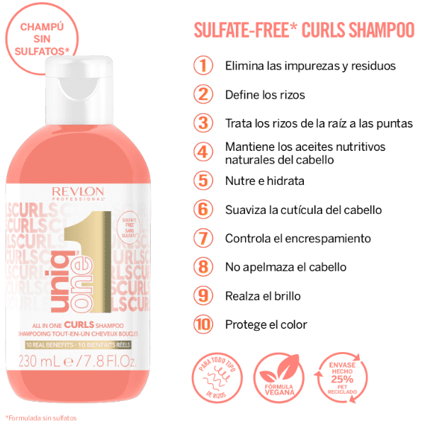 Revlon - Champú Rizos UNIQ ONE CURLS Sin Sulfatos (Vegano) 230 ml