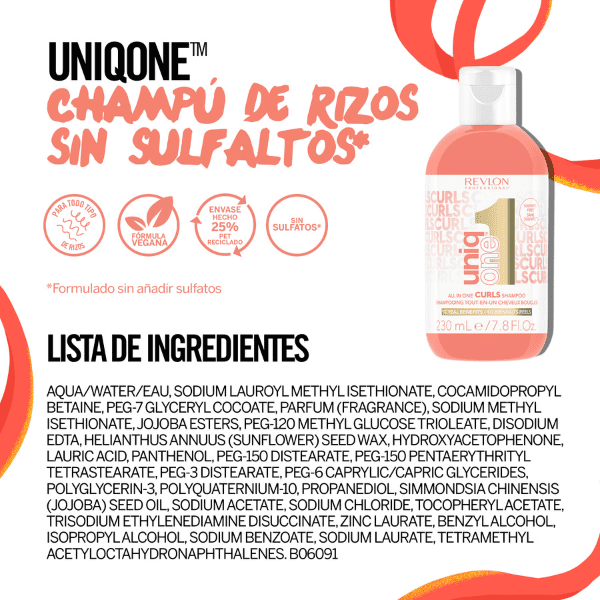 Revlon - Champú Rizos UNIQ ONE CURLS Sin Sulfatos (Vegano) 230 ml
