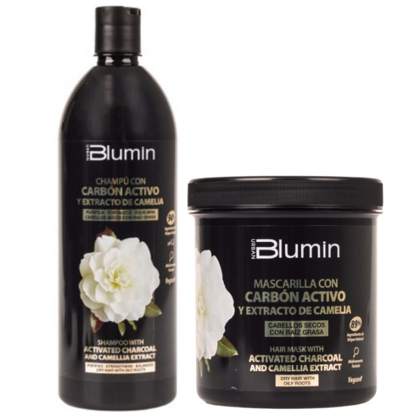 Blumin - Pack Oferta Carbón Activo y Extracto Camelia (para cabellos secos con raíz grasa) (Champú 1000 ml + Mascarilla 700 ml)