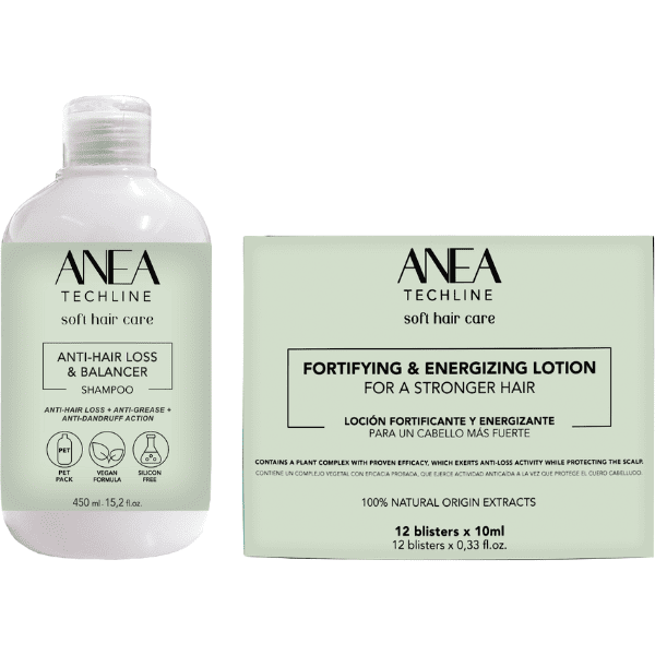 Anea Techline - Pack Anticaída (Champú Anticaída 450 ml + Ampollas Placenta Vegetal ANTICAÍDA 12 ampollas x 10 ml)