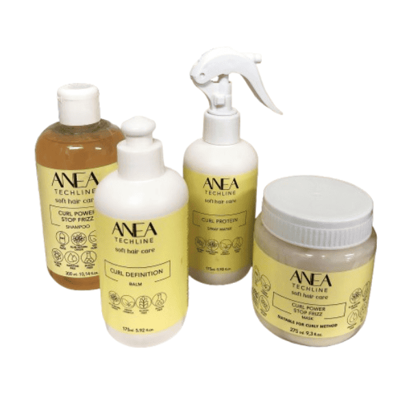 Anea Techline - Pack Método Curly (Champú 300 ml + Mascarilla 275 ml + Bálsamo Definidor 175 ml + Agua de Proteína 175 ml)