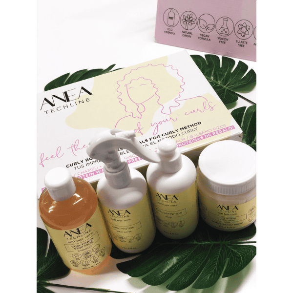 Anea Techline - Pack Método Curly (Champú 300 ml + Mascarilla 275 ml + Bálsamo Definidor 175 ml + Agua de Proteína 175 ml)