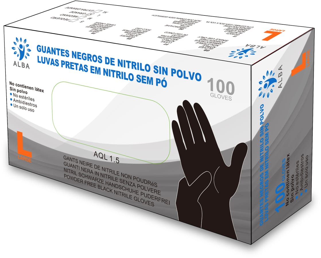 Alba - Guantes desechables NITRILO SIN POLVO Negros Talla L (100 uds)(003345)