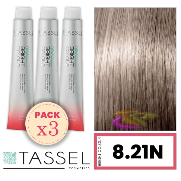 Tassel - Pack 3 Tintes BRIGHT COLOUR con Argán y Keratina Nº 8.21N RUBIO CLARO BEIGE CENIZA 100 ml