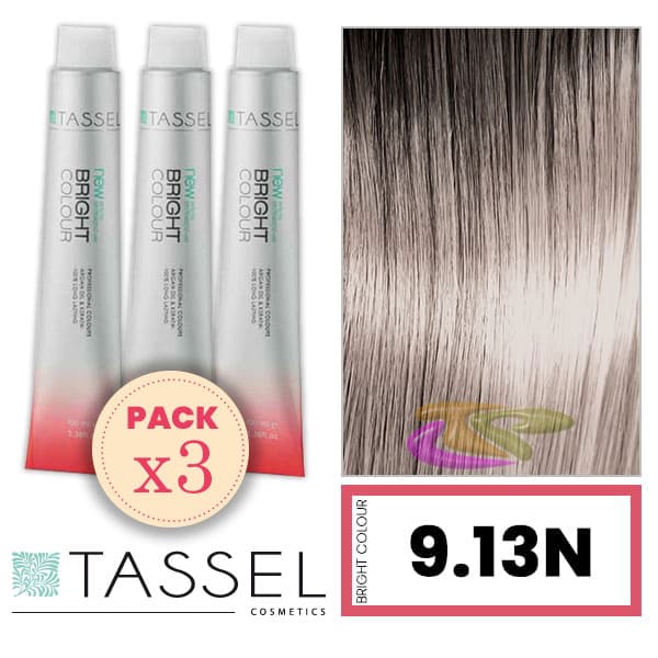 Tassel - Pack 3 Tintes BRIGHT COLOUR con Argán y Keratina Nº 9.13N RUBIO MUY CLARO CENIZA 100 ml