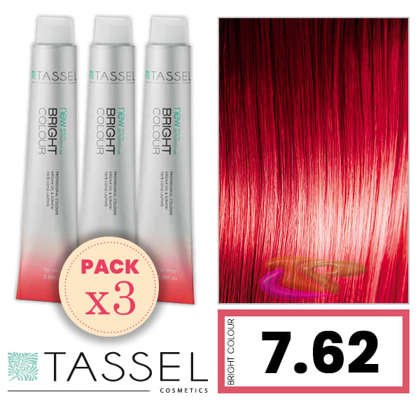 Tassel - Pack 3 Tintes BRIGHT COLOUR con Argán y Keratina Nº 7.62 RUBIO MEDIO ROJO CEREZA 100 ml