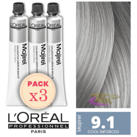 L`Oréal - Pack 3 Tintes MAJIREL Cool Inforced 9.1 Rubio Muy Claro Ceniza 50 ml