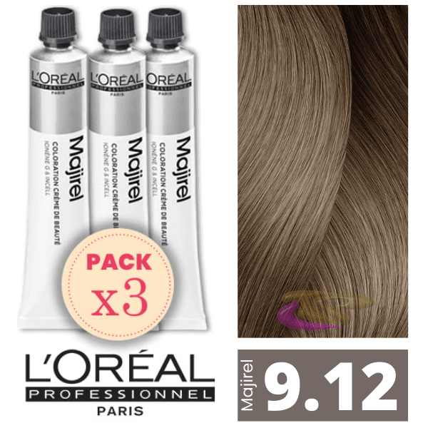 L`Oréal - Pack 3 Tintes MAJIREL 9.12 Rubio Muy Claro Ceniza Irisado 50 ml