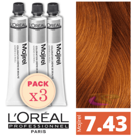 L`Oréal - Pack 3 Tintes MAJIREL 7.43 Rubio Cobrizo Dorado 50 ml