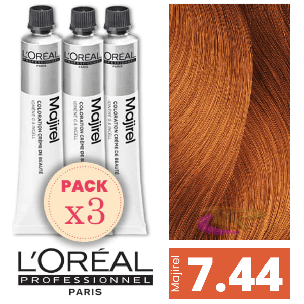 L`Oréal - Pack 3 Tintes MAJIREL 7.44 Rubio Cobrizo Profundo 50 ml