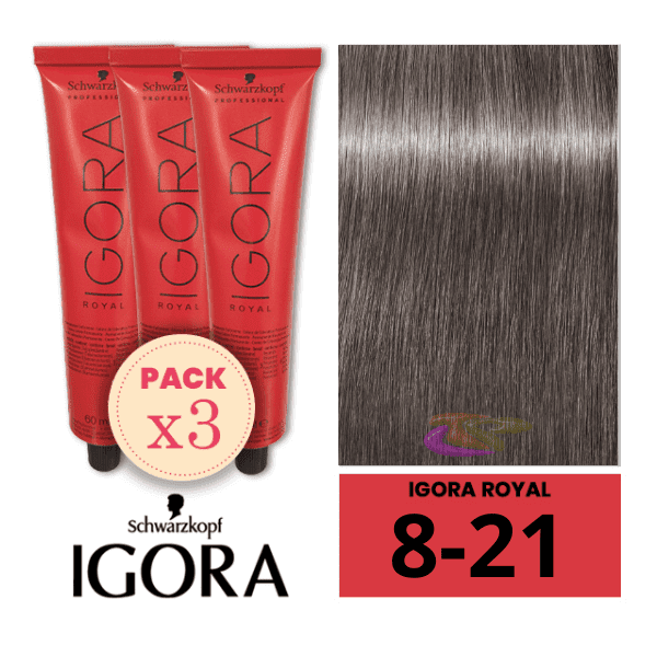 Schwarzkopf - Pack 3 Tintes Igora Royal 8/21 Rubio Claro Humo Ceniza 60 ml