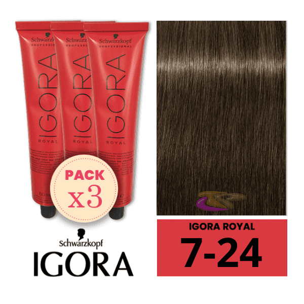 Schwarzkopf - Pack 3 Tintes Igora Royal 7/24 Rubio Medio Humo Beige 60 ml