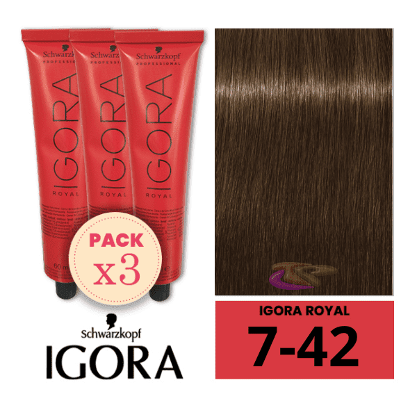 Schwarzkopf - Pack 3 Tintes Igora Royal 7/42 Rubio Medio Beige Humo 60 ml