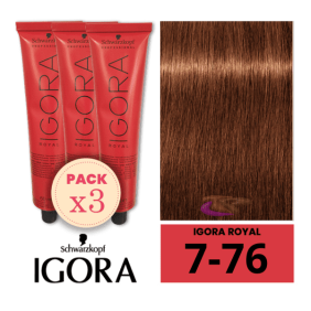 Schwarzkopf - Pack 3 Tintes Igora Royal 7/76 Rubio Medio Cobrizo Marrón 60 ml