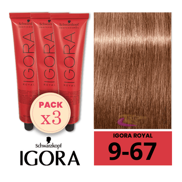 Schwarzkopf - Pack 3 Tintes Igora Royal 9/67 Rubio Muy Claro Marrón Cobrizo 60 ml