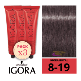 Schwarzkopf - Pack 3 Tintes Igora Royal 8/19 Rubio Claro Ceniza Violeta 60 ml