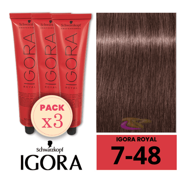 Schwarzkopf - Pack 3 Tintes Igora Royal 7/48 Rubio Medio Beige Rojo 60 ml