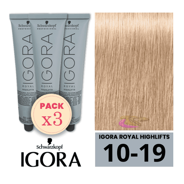 Schwarzkopf - Pack 3 Tintes Igora Royal HIGHLIFTS 10/19 Rubio Platino Ceniza Violeta 60 ml