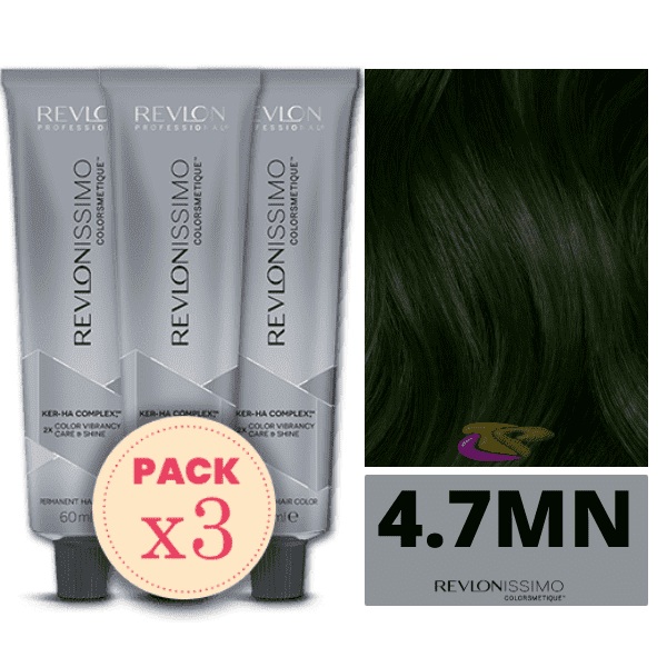 Revlon - Pack 3 Tintes REVLONISSIMO COLORSMETIQUE 4.7MN Castaño Medio Máxima Neutralización 60 ml (Ker-Ha Complex)