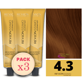 Revlon - Pack 3 Tintes REVLONISSIMO COLORSMETIQUE 4.3 Castaño Medio Dorado 60 ml (Ker-Ha Complex)