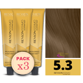 Revlon - Pack 3 Tintes REVLONISSIMO COLORSMETIQUE 5.3 Castaño Claro Dorado 60 ml (Ker-Ha Complex)