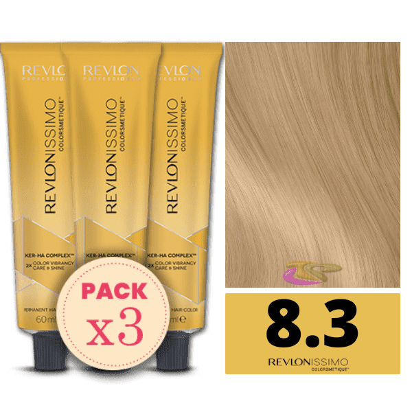 Revlon - Pack 3 Tintes REVLONISSIMO COLORSMETIQUE 8.3 Rubio Claro Dorado 60 ml (Ker-Ha Complex)