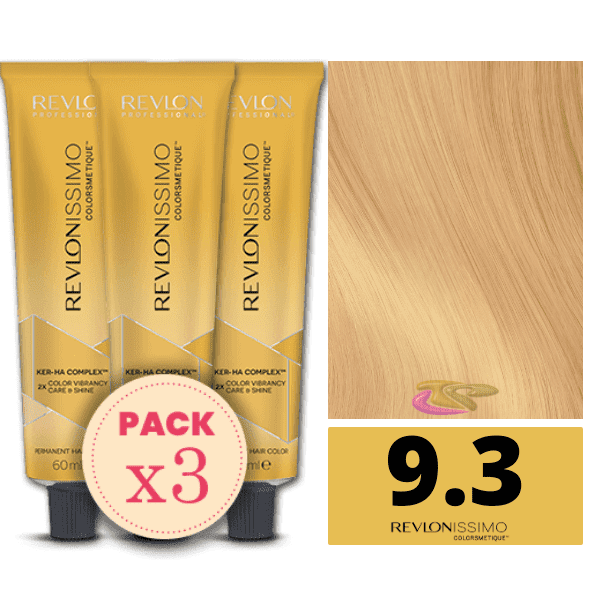 Revlon - Pack 3 Tintes REVLONISSIMO COLORSMETIQUE 9.3 Rubio Muy Claro Dorado 60 ml (Ker-Ha Complex)