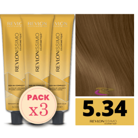 Revlon - Pack 3 Tintes REVLONISSIMO COLORSMETIQUE 5.34 Castaño Claro Dorado Cobrizo 60 ml (Ker-Ha Complex)