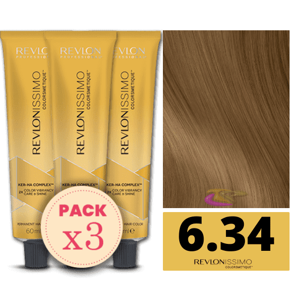 Revlon - Pack 3 Tintes REVLONISSIMO COLORSMETIQUE 6.34 Rubio Oscuro Dorado Cobrizo 60 ml (Ker-Ha Complex)