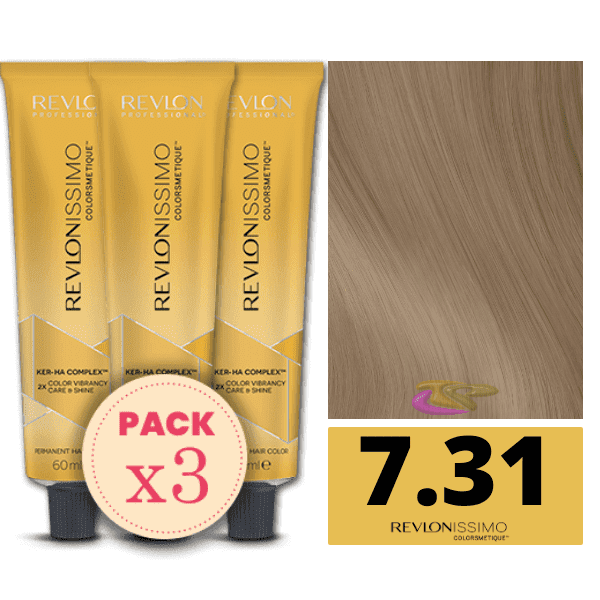 Revlon - Pack 3 Tintes REVLONISSIMO COLORSMETIQUE 7.31 Rubio Medio Dorado Ceniza 60 ml (Ker-Ha Complex)