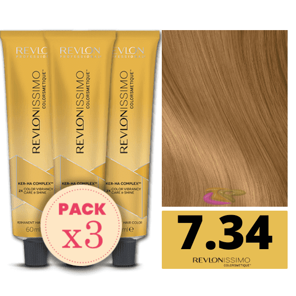 Revlon - Pack 3 Tintes REVLONISSIMO COLORSMETIQUE 7.34 Rubio Medio Dorado Cobrizo 60 ml (Ker-Ha Complex)