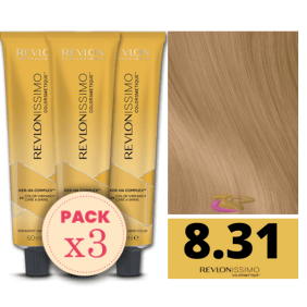 Revlon - Pack 3 Tintes REVLONISSIMO COLORSMETIQUE 8.31 Rubio Claro Dorado Ceniza 60 ml (Ker-Ha Complex)