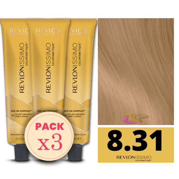 Revlon - Pack 3 Tintes REVLONISSIMO COLORSMETIQUE 8.31 Rubio Claro Dorado Ceniza 60 ml (Ker-Ha Complex)