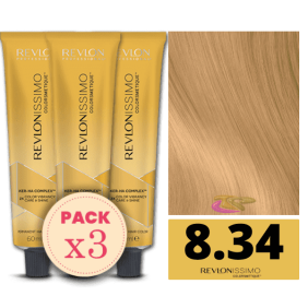 Revlon - Pack 3 Tintes REVLONISSIMO COLORSMETIQUE 8.34 Rubio Claro Dorado Cobrizo 60 ml (Ker-Ha Complex)