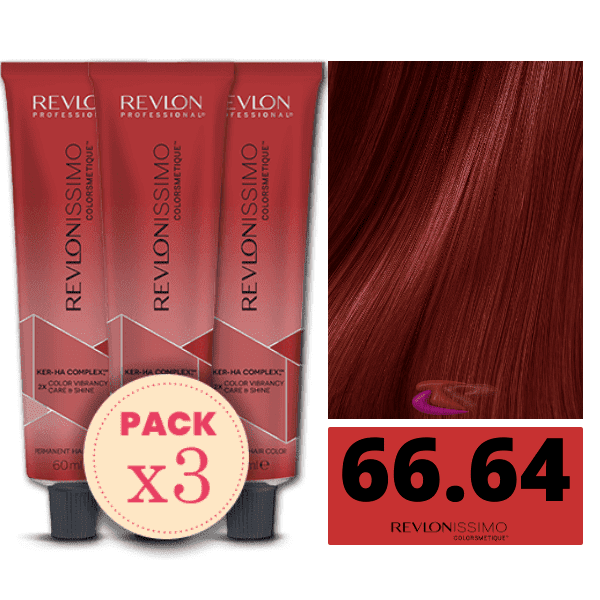 Revlon - Pack 3 Tintes REVLONISSIMO COLORSMETIQUE 66.64 Rubio Oscuro Rojo Cobrizo Intenso 60 ml (Ker-Ha Complex)