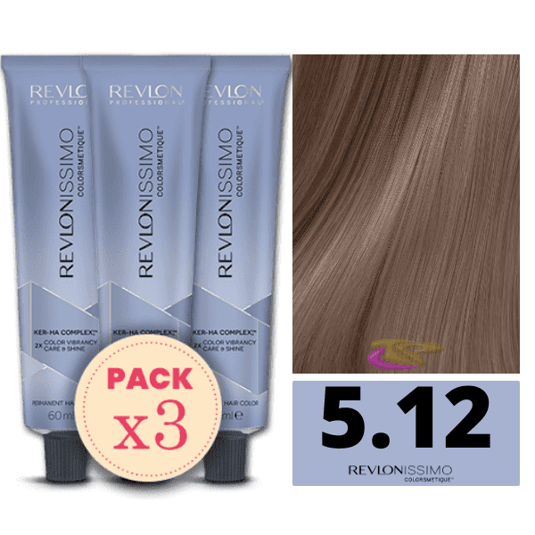 Revlon - Pack 3 Tintes REVLONISSIMO COLORSMETIQUE 5.12 Castaño Claro Ceniza Irisado 60 ml (Ker-Ha Complex)