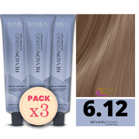 Revlon - Pack 3 Tintes REVLONISSIMO COLORSMETIQUE 6.12 Rubio Oscuro Ceniza Irisado 60 ml (Ker-Ha Complex)