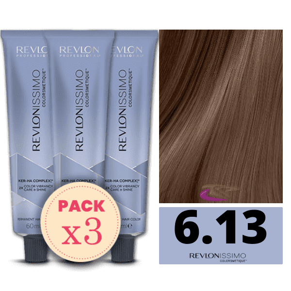 Revlon - Pack 3 Tintes REVLONISSIMO COLORSMETIQUE 6.13 Rubio Oscuro Ceniza Dorado 60 ml (Ker-Ha Complex)