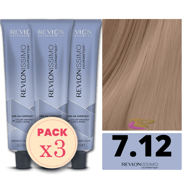 Revlon - Pack 3 Tintes REVLONISSIMO COLORSMETIQUE 7.12 Rubio Medio Ceniza Irisado 60 ml (Ker-Ha Complex)