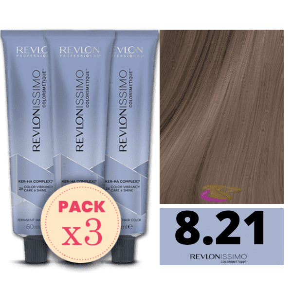 Revlon - Pack 3 Tintes REVLONISSIMO COLORSMETIQUE 8.21 Rubio Claro Irisado Ceniza 60 ml (Ker-Ha Complex)